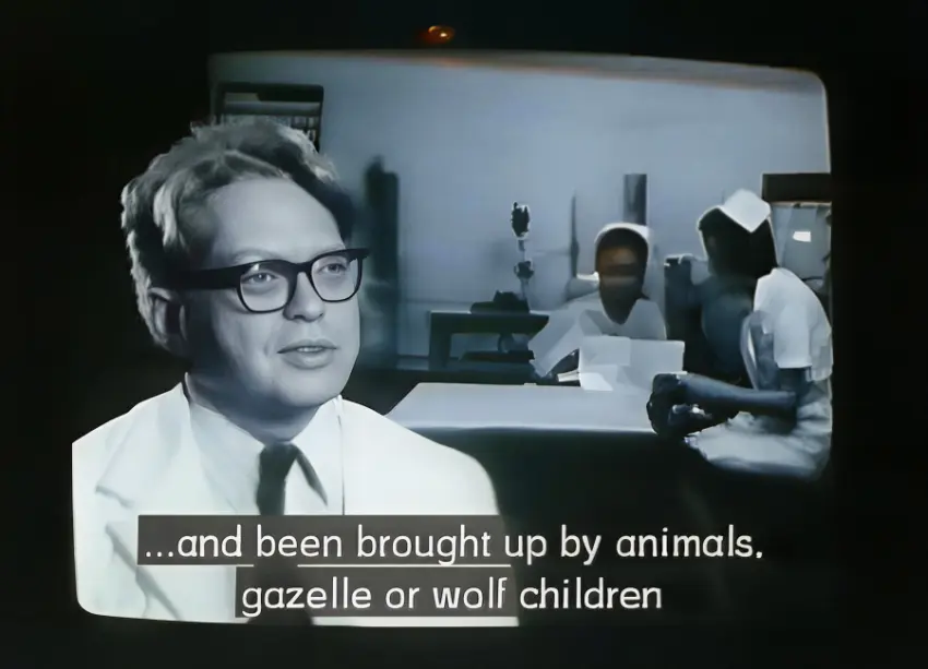 This picture describes a situation that is typed as follows: A few children have been taken away from their families and been brought up by animals, gazelle or wolf children. There aren't many, but when they have been regained by society, none of them have ever been able to learn how to speak. This is because they had not heard any human speech in the early years of their lives. The same applies to the child who is born deaf because he has never heard speech he cannot speak and so he is left in the world with a really double handicap in communication with its environment first of all he is not only unable to understand what people want of it but he also cannot express his own emotions, cannot tell the people around him what he wants other than by signs, and this of course isn't adequate at all.